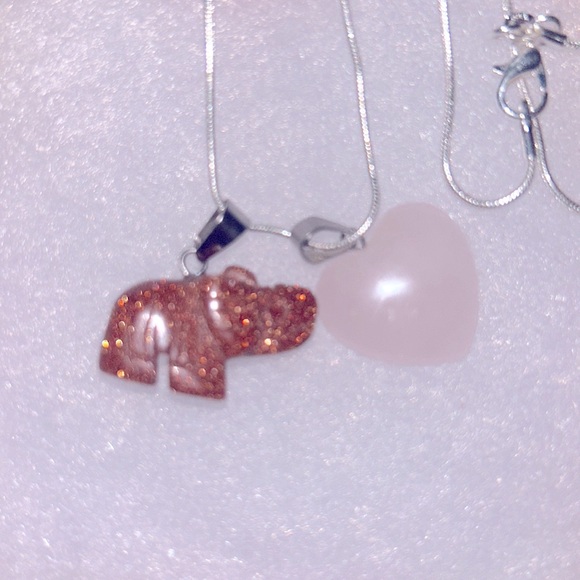Boho Hippie Rose Quartz Crystal heart & Goldstone Elephant 🐘 16” Silver … - Picture 2 of 6